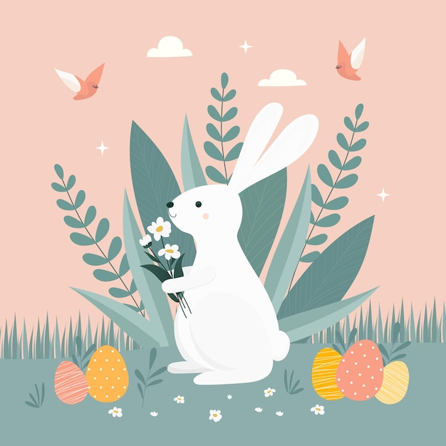 Vector vector easter bunny with eggs flowers