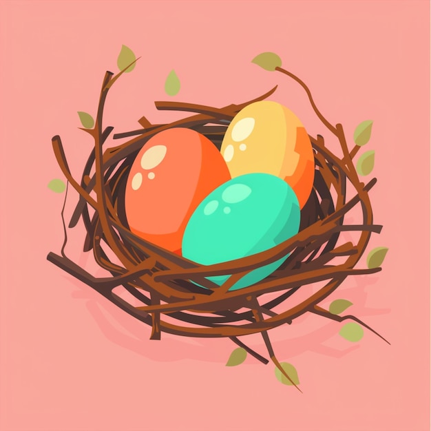 Vector easter colorful decorated eggs in the bird nest in flat cartoon style