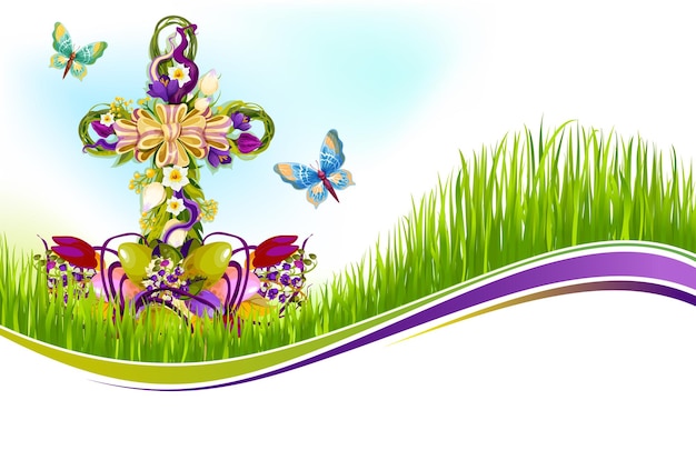 Vector easter crucifix of flowers greetting card