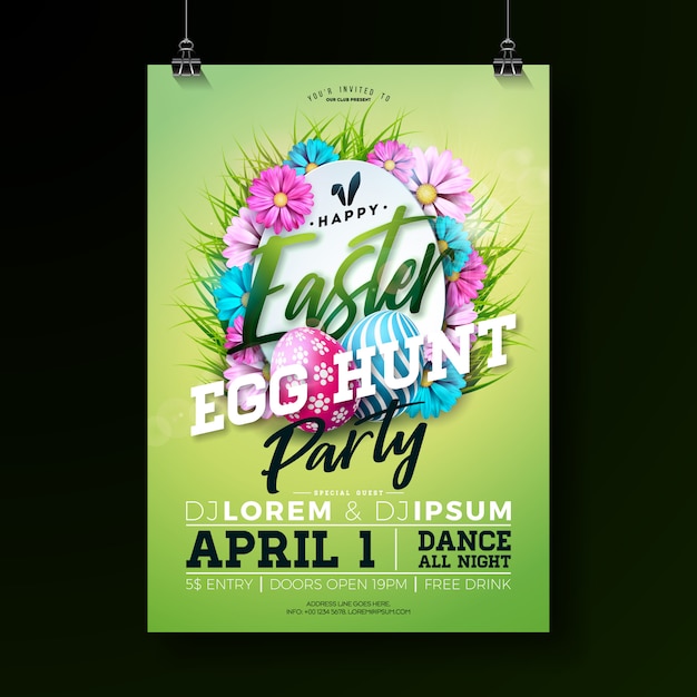 Vector easter party flyer illustration with painted eggs