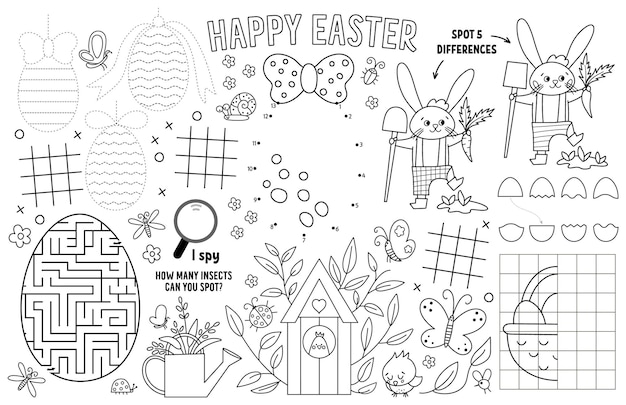 Vector Easter placemat for kids Spring holiday printable activity mat with maze tic tac toe charts connect the dots find difference Black and white play mat or coloring pagexA