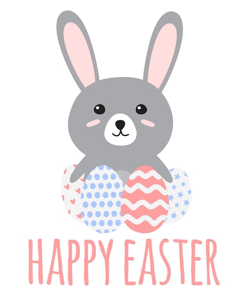 Векторный пасхальный кролик с яйцами и счастливым пасхальным текстом