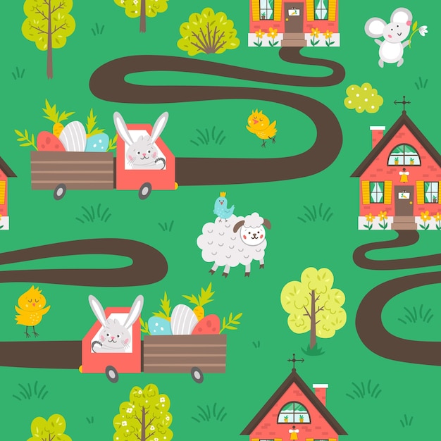 Vector easter seamless pattern with bunny driving the car with eggs and carrots to country house. garden repeating background scene with cute animals. spring gardening digital paper