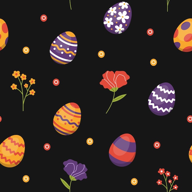 Vector easter seamless pattern with eggs and flowers Easter eggs on black background Floral pattern