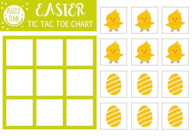 Grafico a punta di tic tac di pasqua di vettore con pollo e uova carini. campo da gioco da tavolo per vacanze con carattere tradizionale. foglio di lavoro stampabile primaverile divertente per bambini. griglia di zeri e croci