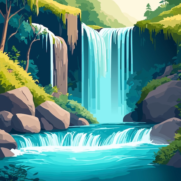 Вектор Векторная эко иллюстрация небольшого речного водопада на тему спасения планеты