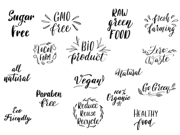 Vector vector eco and organic food restaurant badge or sign. fresh farm product menu template. hand drawn lettering sign for locally grown vegetarian food market. vector illustration