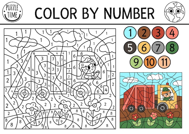 Vector ecological color by number activity with garbage truck Eco awareness scene Black and white counting game with zero waste concept Earth day coloring page for kids