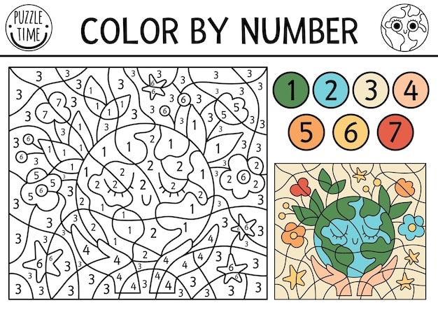 Vector ecological color by number activity with hands holding planet Eco awareness scene Black and white counting game with cute Earth Earth day coloring page for kids