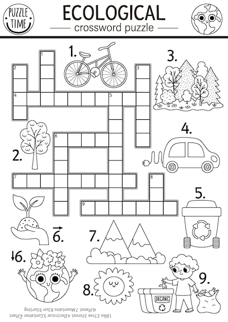 Вектор Векторный экологический кроссворд для детей черно-белая страница раскраски дня земли с эко-городским пейзажем эко-осведомленность образовательная линия милое кроссворд с лесной планетой