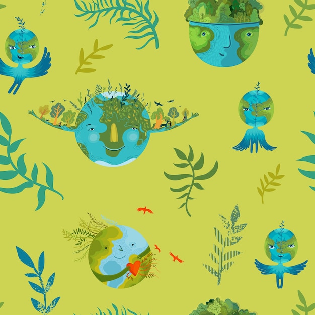 Vector ecological seamless pattern with cute happy and prosperous earth in harmony