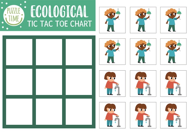 Vector ecological tic tac toe chart with cute kids saving water and electricity Eco awareness board game playing field Funny Earth day printable worksheet Noughts and crosses grid xA