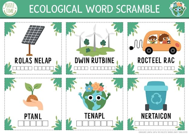 Vector ecological word scramble activity flash cards English language game with traditional eco symbols for kids Eco awareness quiz Environment friendly educational printable worksheetxA