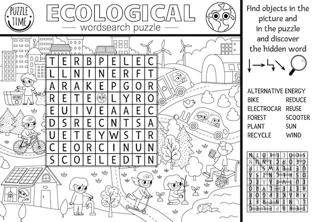 Vector ecological wordsearch puzzle for kids Black and white Earth day word search quiz with eco city landscape Eco awareness line activity Environment friendly cross word coloring page