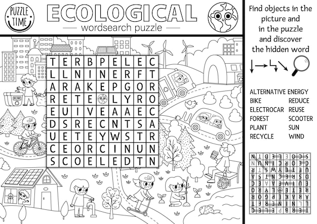 아이들을 위한 벡터 생태 단어 검색 퍼즐 생태 도시 풍경과 함께 흑백 지구의 날 단어 검색 퀴즈 환경 인식 라인 활동 환경 친화적인 크로스 워드 색칠 페이지