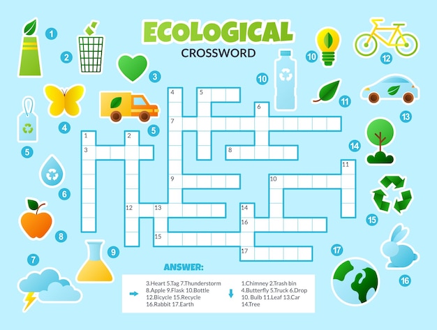 Vector ecologische kruiswoordpuzzel voor kinderen Eenvoudige quiz over de dag van de aarde met ecoborden voor kinderen