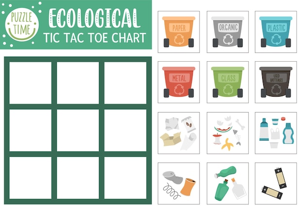 Vector ecologische tic tac toe grafiek met vuilniscontainers en afval Eco-bewustzijn bordspel speelveld Zero afval Aardedag drukbaar werkblad Nullen en kruisen raster xA
