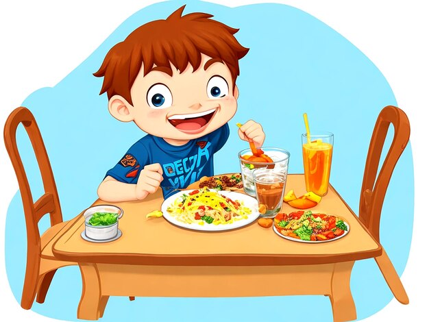 Vector vector een gelukkige jongen die op tafel eet ai_generated