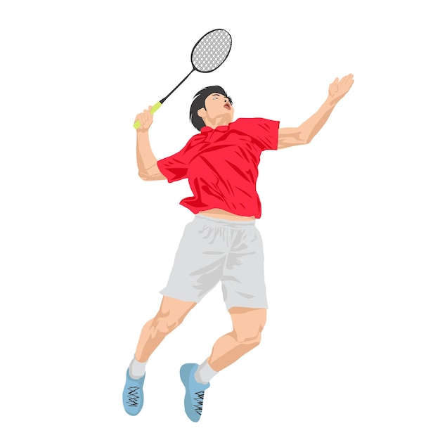 Vector een man met een rood shirt en een witte korte broek wordt getoond terwijl hij badminton speelt als hij wil slaan