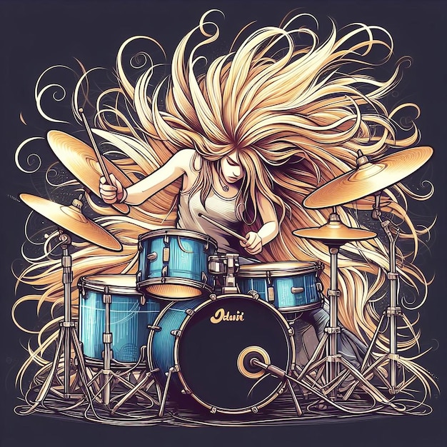 Vector een meisje met lang haar dat de drums speelt poster art