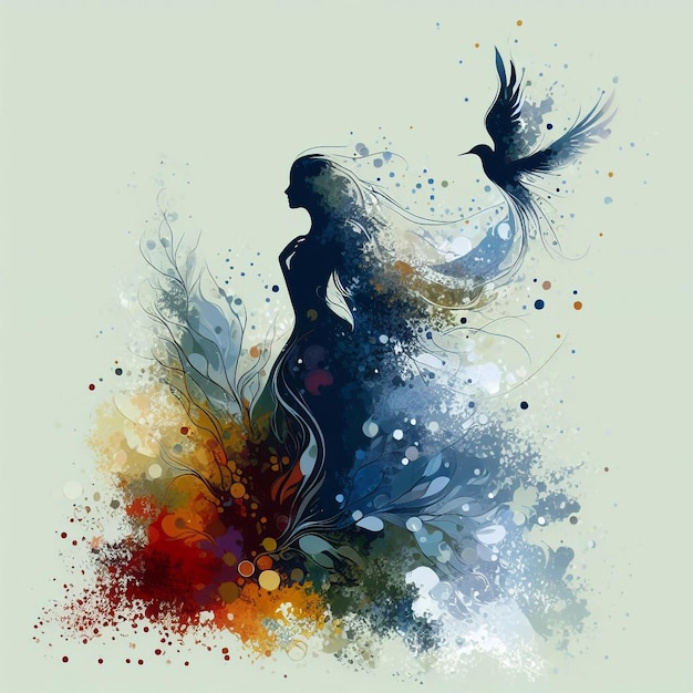 Vector een vrouw met een vogel die naast haar vliegt een ultra fijn gedetailleerd schilderij