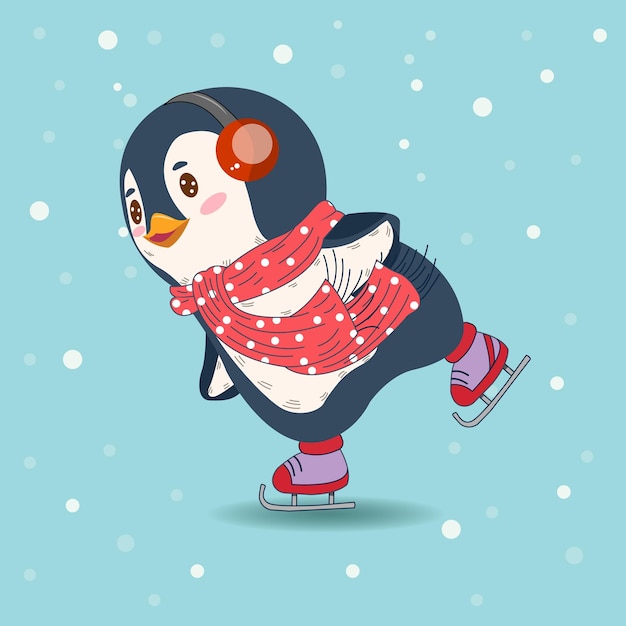 Vector een winter met grappige cartoonpinguïn op schaatsen