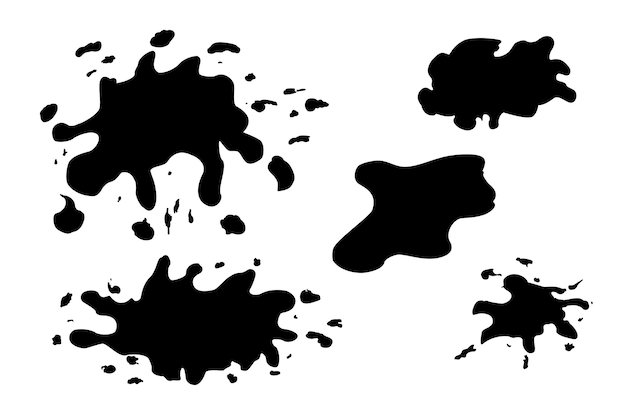 Vector eenvoudige hand loting schets set 5 splat van zwarte verf geïsoleerd op wit