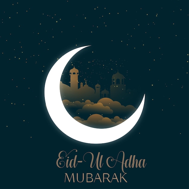 Vector Eid al Adha Mubarak achtergrondontwerp met wassende maan en moskee premium vector