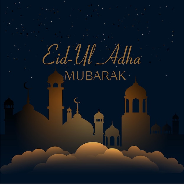 Vector eid al adha mubarak background design with crescent moon and mosque premium vector