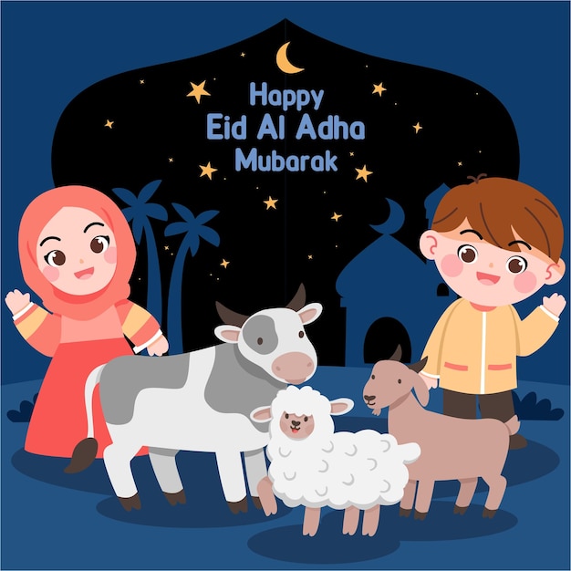 Vettore vettore eid al adha mubarak festival islamico ragazzo musulmano ragazza mucca capra e pecora tagliano i social media