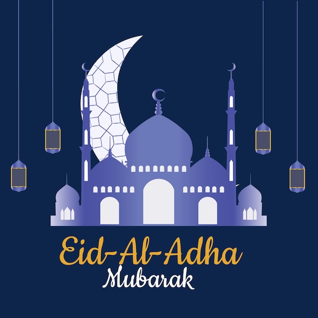 Vector Eid Mubarak Background with Mosque and Moon Eid Al Adha Mubarak