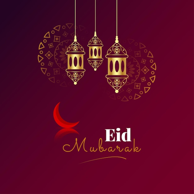 Vector eid mubarak festival desideri sui social media o post design di biglietti di auguri con mezzaluna e lanterna islamica