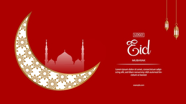 Vettore eid mubarak luna e moschea bellissimo sfondo rosso