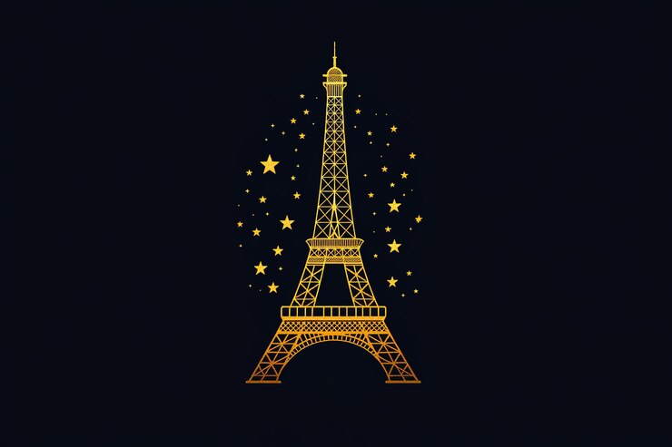 Vector vector eiffel tower gold fires illumination beams shine in the star sky