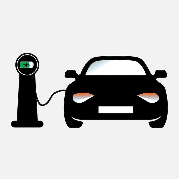 Icona dell'auto elettrica vettoriale e stazione di ricarica per auto