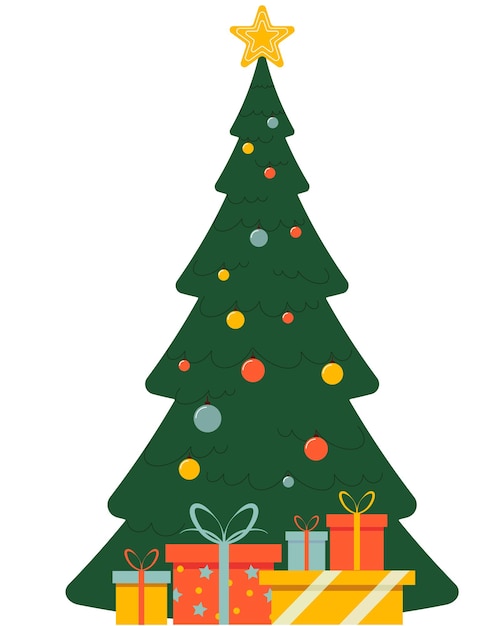 Vector elegante kerstboom met geschenken in vlakke stijl