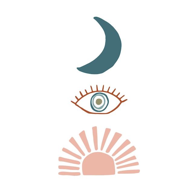 Vector-elementen in doodle boho hand tekenen stijl Vlakke afbeelding voor ontwerp en decoratie Eye moon sun