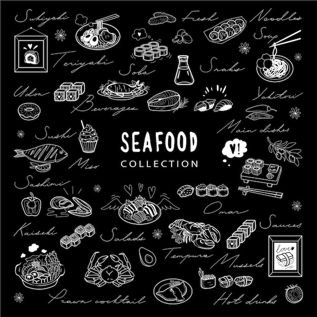 Vector vector elements of seafood and japan food words white outlines on black background