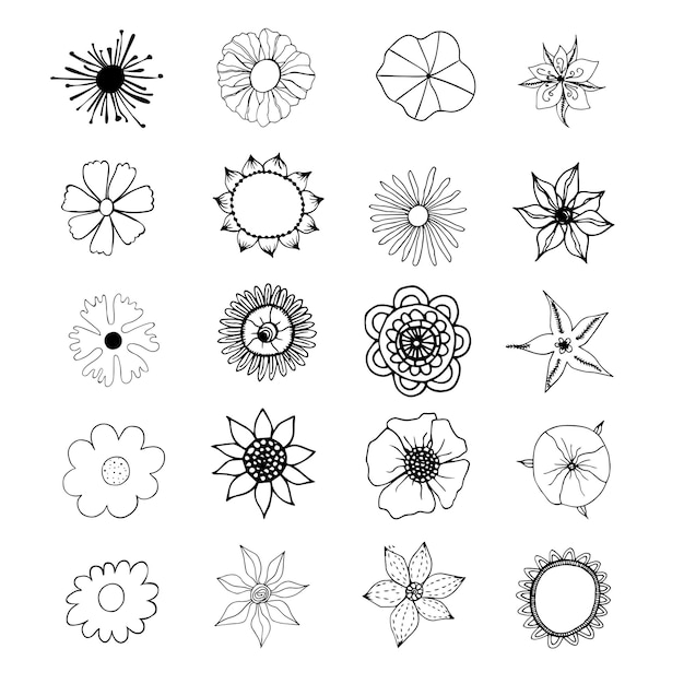 Vector elements. Set of outline flowers. Sketched style.