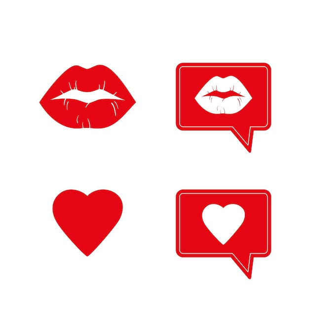 Vector elements for social media posts heart like kiss and red lips on an isolated white background