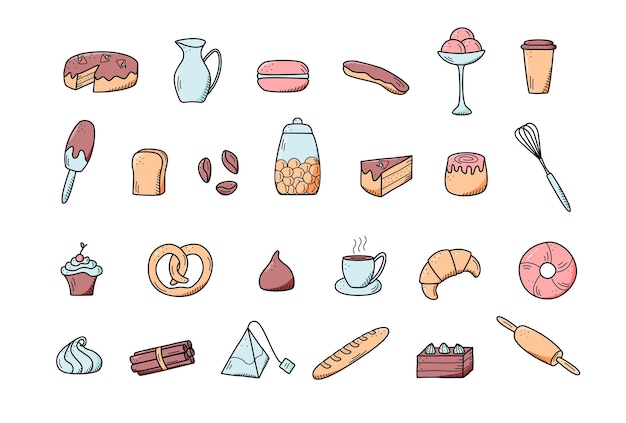 Vector elements of sweet snacks and pastries, coffee dishes. Excellent for decorating cafes and menus. Doodle icon style.