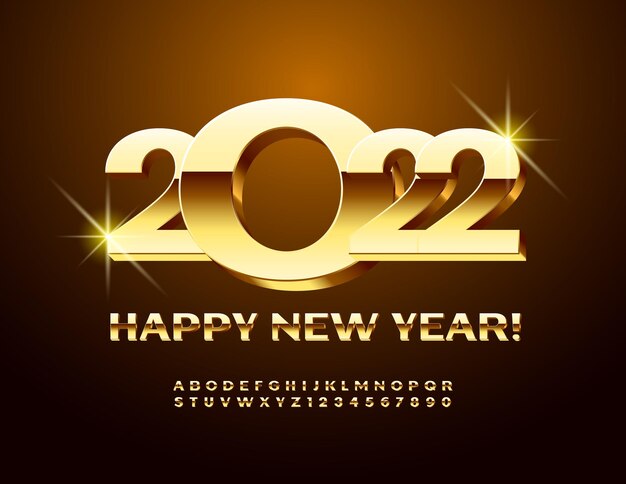 Vector elite greeting card happy new year 2022 set di lettere e numeri dell'alfabeto in oro 3d