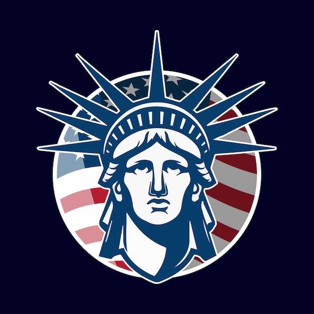 Vector embleem van het vrijheidsbeeld op de achtergrond van de Amerikaanse vlag