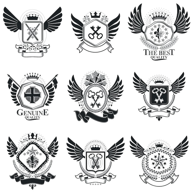 Vector emblemen, vintage heraldische ontwerpen. Wapenschild collectie, vector set.