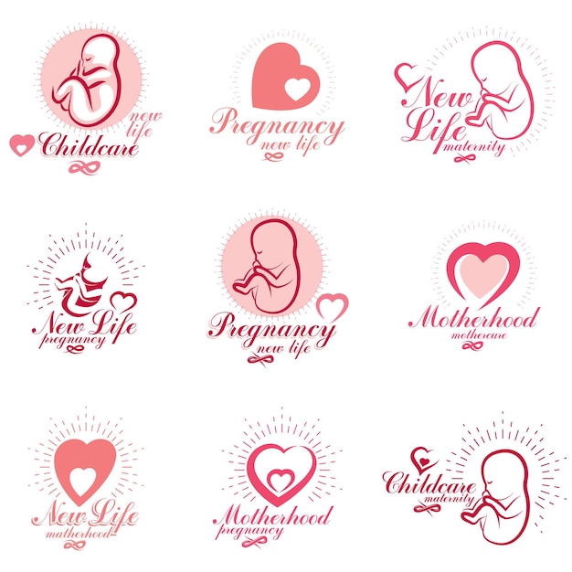 Vector embryo en pasgeboren emblemen set geïsoleerd op wit. Nieuw leven begin tekeningen. Embleems voor medische revalidatie en kinderopvang