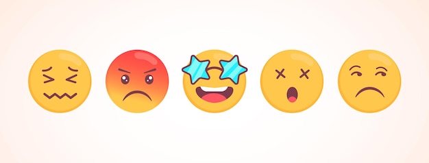 Vector emoji-collectie met verschillende reacties voor sociale media. schattig plat gezicht geïsoleerd op een witte achtergrond. moderne emoticons.