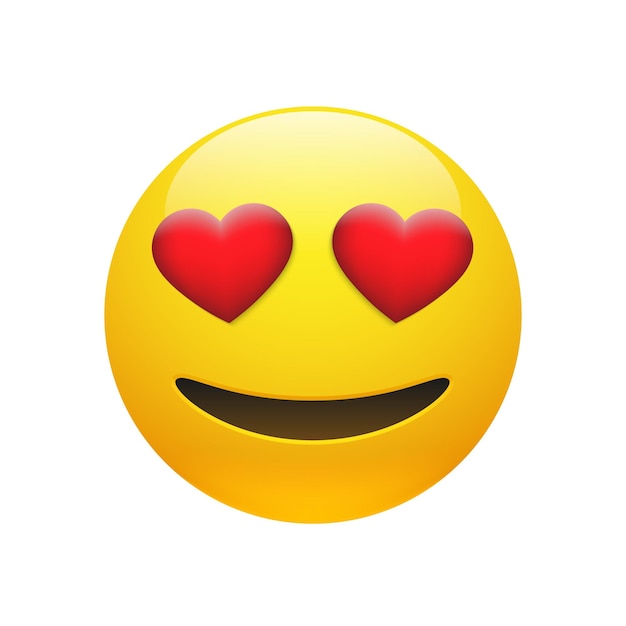 Vector Emoji yellow stupid smiley face with red heart eyes and mouth on white background Funny cartoon Emoji icon 3D illustration for chat or message
