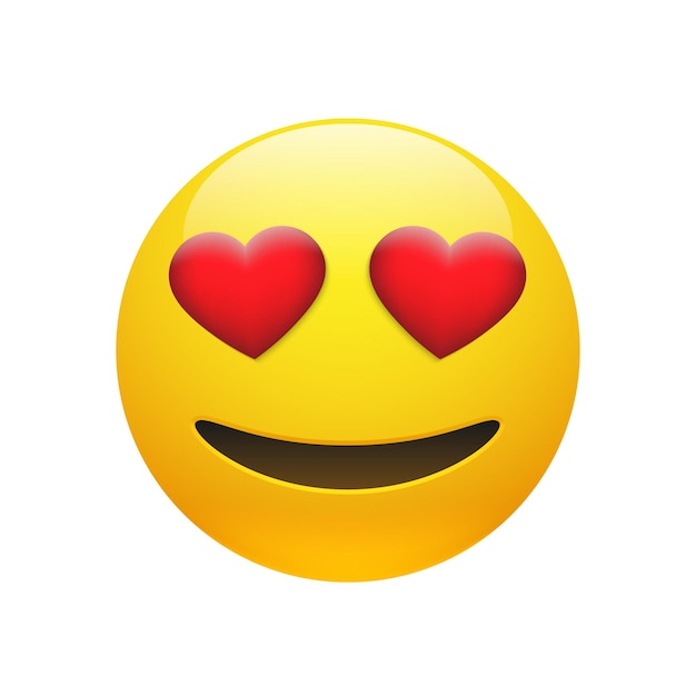 Vettore vector emoji faccia sorridente stupida gialla con cuore rosso occhi e bocca su sfondo bianco funny cartone animato emoji icona illustrazione 3d per chat o messaggio