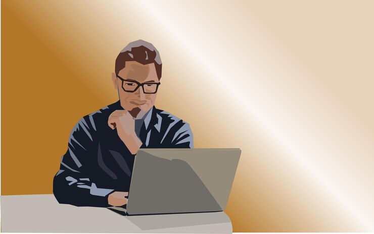 Vector vector employee man wearing glasses focusing on staring at the laptop screen on his desk