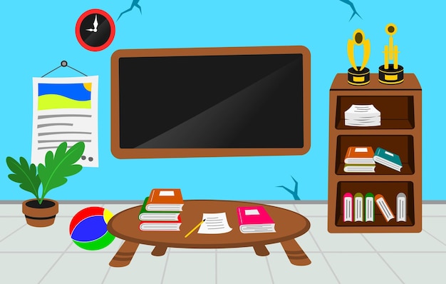 Vector empty classroom and some books ball blackboard trophies illustration